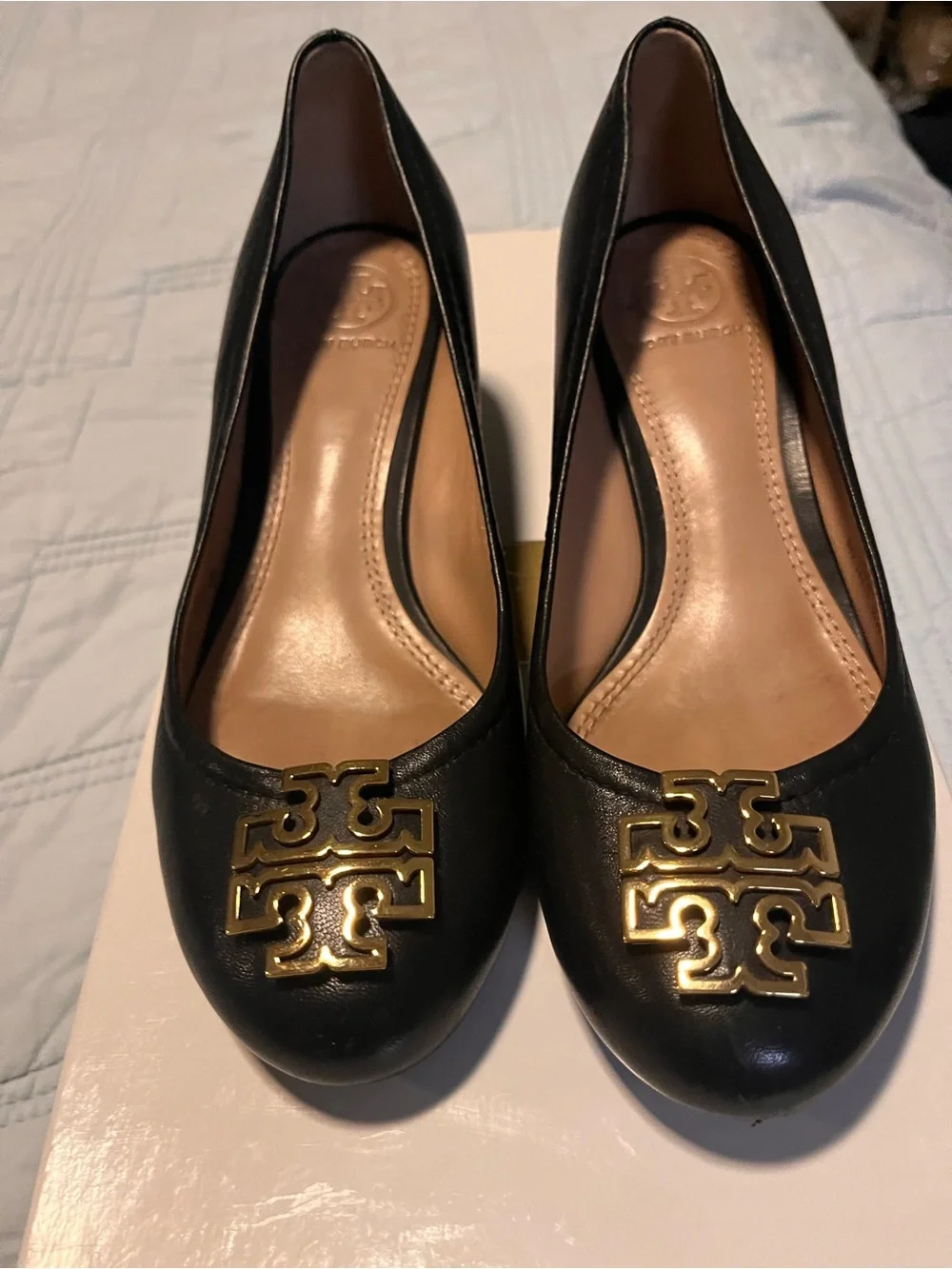 Tory Burch Black Leather Wedges with Gold Logo